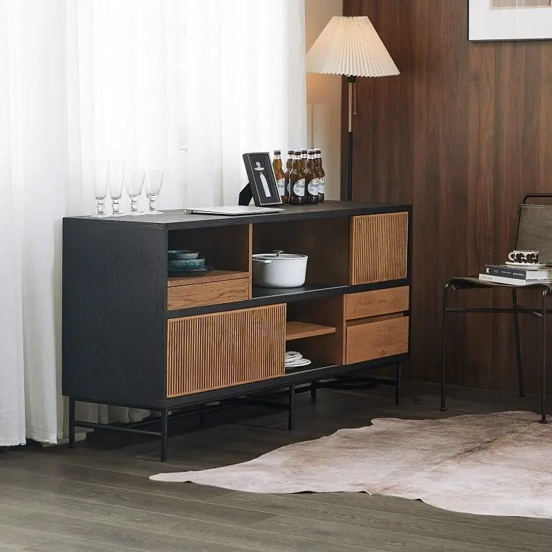 레트로 컬러 매칭 티크 원목 다이닝 사이드 캐비닛, 거실 중세 와비사비 스타일 가정용 차 그릇 캐비닛