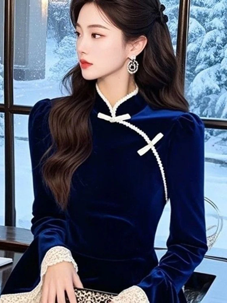

Элегантная синяя бархатная блузка в корейском стиле с длинными рукавами, свободного кроя, с пуговицами, модный топ премиум-класса