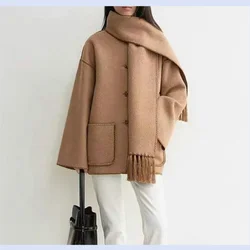 Nordic style TT autumn and winter new wool shoulder embroidery medium long scarf style woolen coat jacket