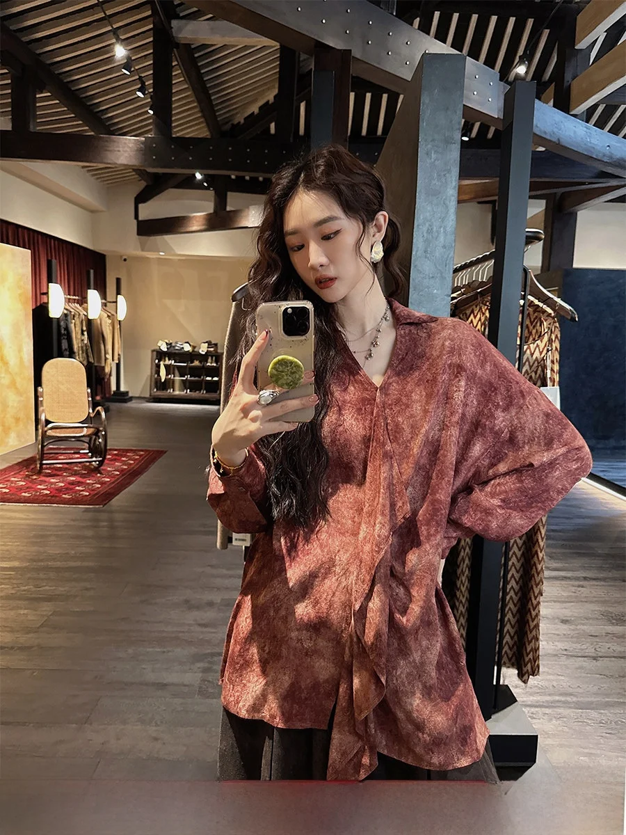 

Шелковая блузка Sangji Bla Flower Fumian Ultra Fire Wabi-Sabi: Роскошное ощущение, свободный крой, повседневный деловой стиль для женщин