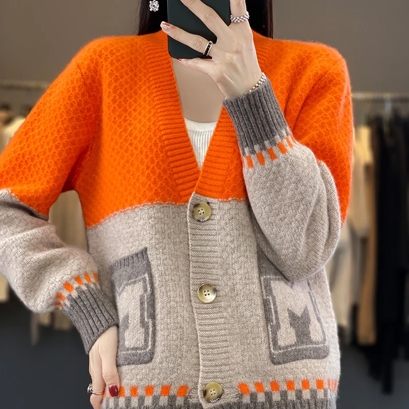 

100% Cashmere Wool V-neck Cardigan Women 2023 Autumn/Winter New Knitted Sweater Jacket High Quality Soft Loose Large Coat Female