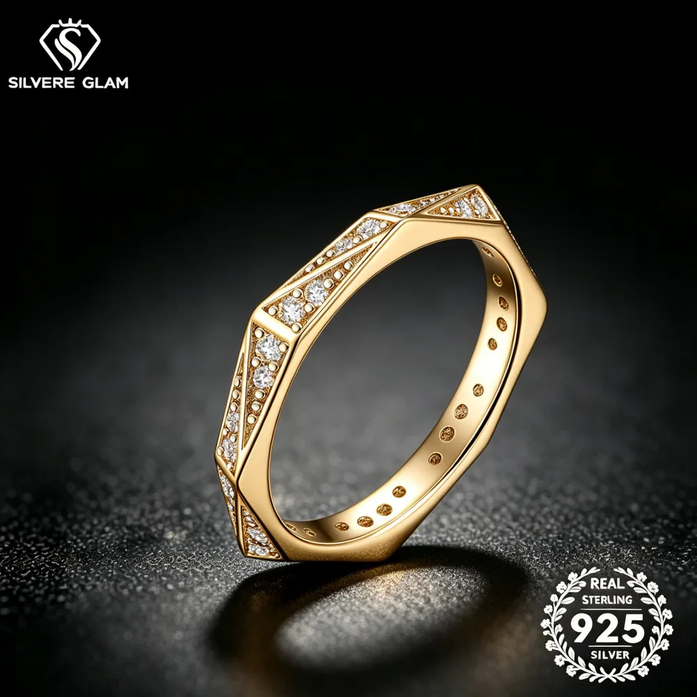 Minimal Hexagonal Eternity Band Ring Multi Triangle Pave Cubic Zirconia Elegant Stackable Wedding Band Women Fine Jewelry