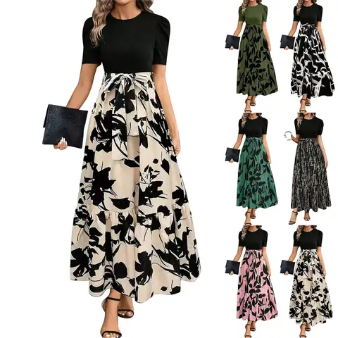 Round Neck Color Blocked Dress Women's Short Sleeved Floral Print A Line Dresses Autumn Elegant Party Dress Robe
