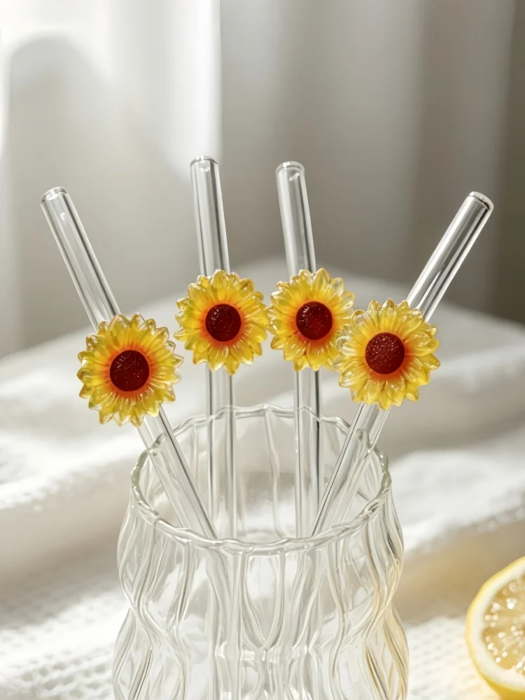 4PCS Sunflower Glass Straws，Reusable Curved Thick Straws for Cold Drinks, Milk Tea, Coffee, Juice. Great for Home, Cafés, Gifts.