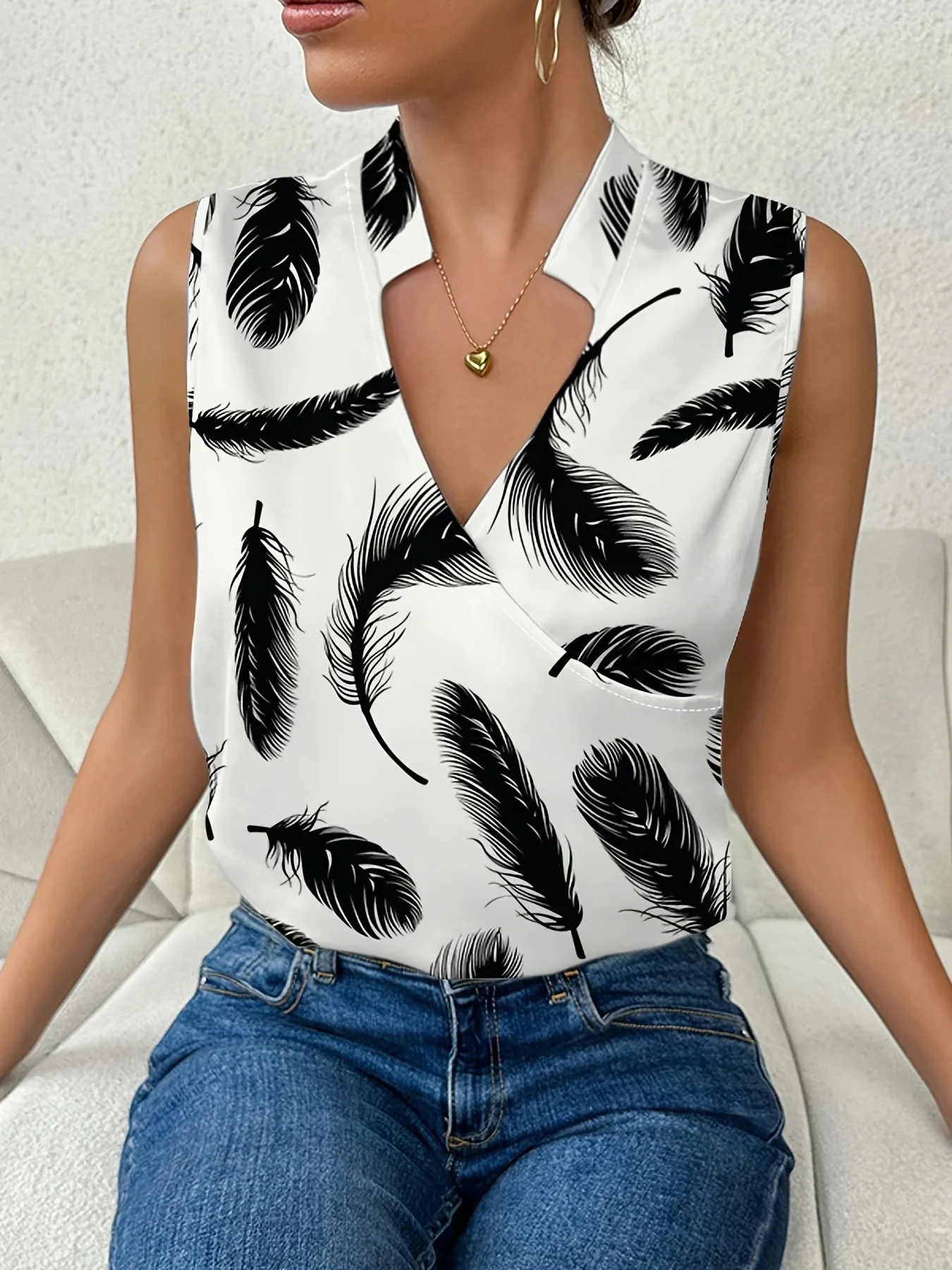 

Fashion Feather Print Shirt Blouses Women Casual Office Ladies Tank Top 2023 Summer V Neck Sleeveless Vintage Blouse Tops Femme