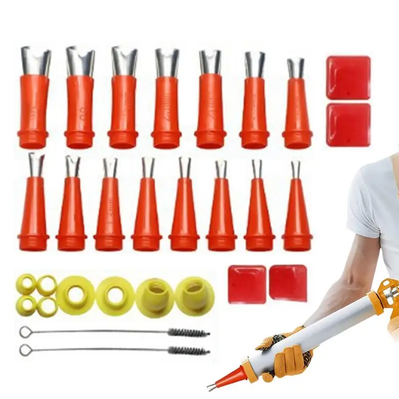 Caulk Tips 29pcs V-shaped Stainless Steel Sealing Nozzle Caulking Nozzle Applicator Integrated Rubber Nozzle Tool Sealant