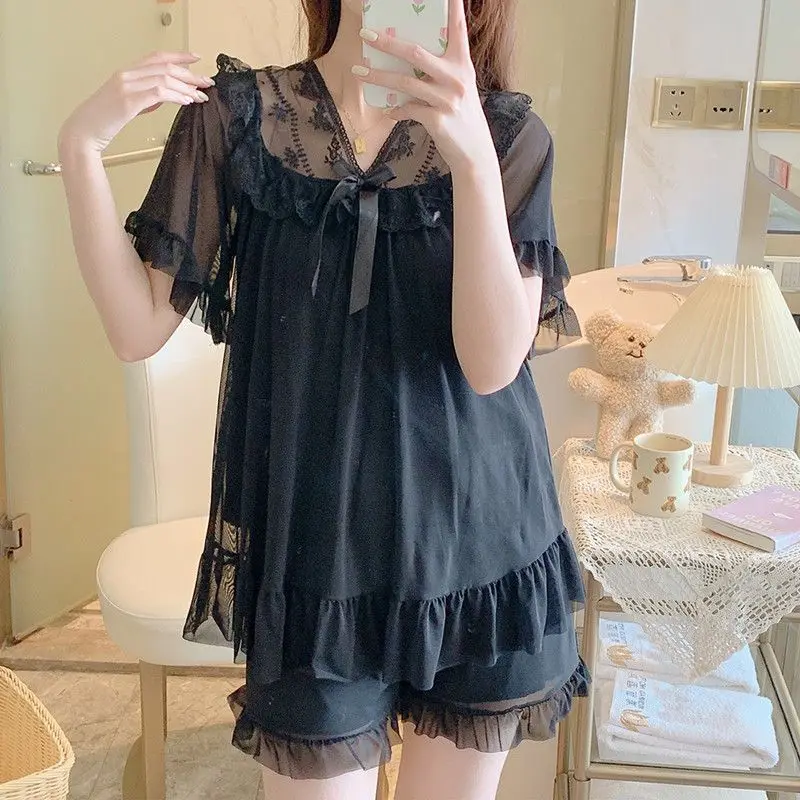 High Quality Women Lace Pajama Sets Women Loose Ruffles Summer Girl Sleepwear Korean Style Fashion Students Home Women Sleepwear