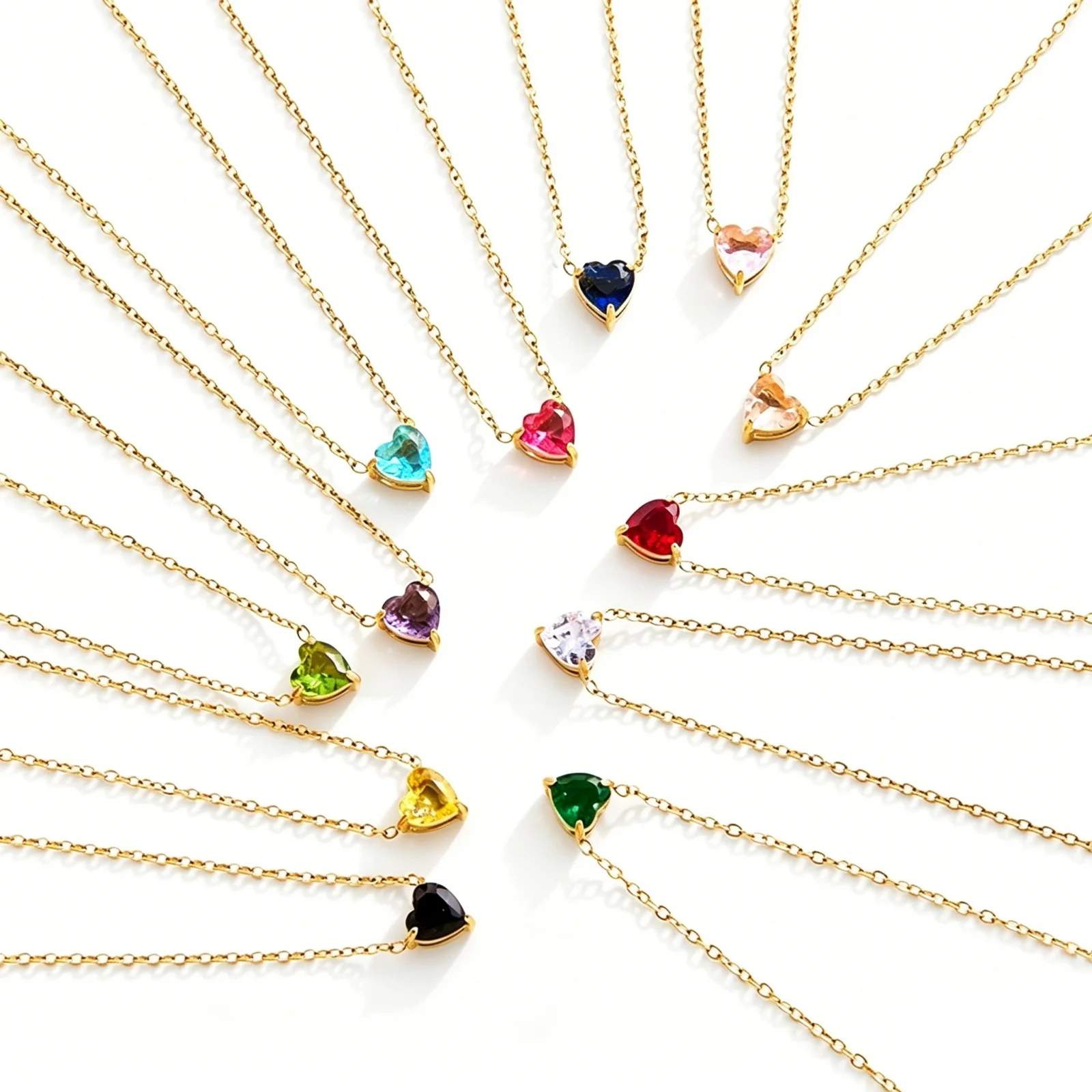 1pc Stainless Steel Necklace 18K Gold Plated Link Cable Chain Multicolor Heart Birthstone Pendant Charm Necklace Women Jewelry