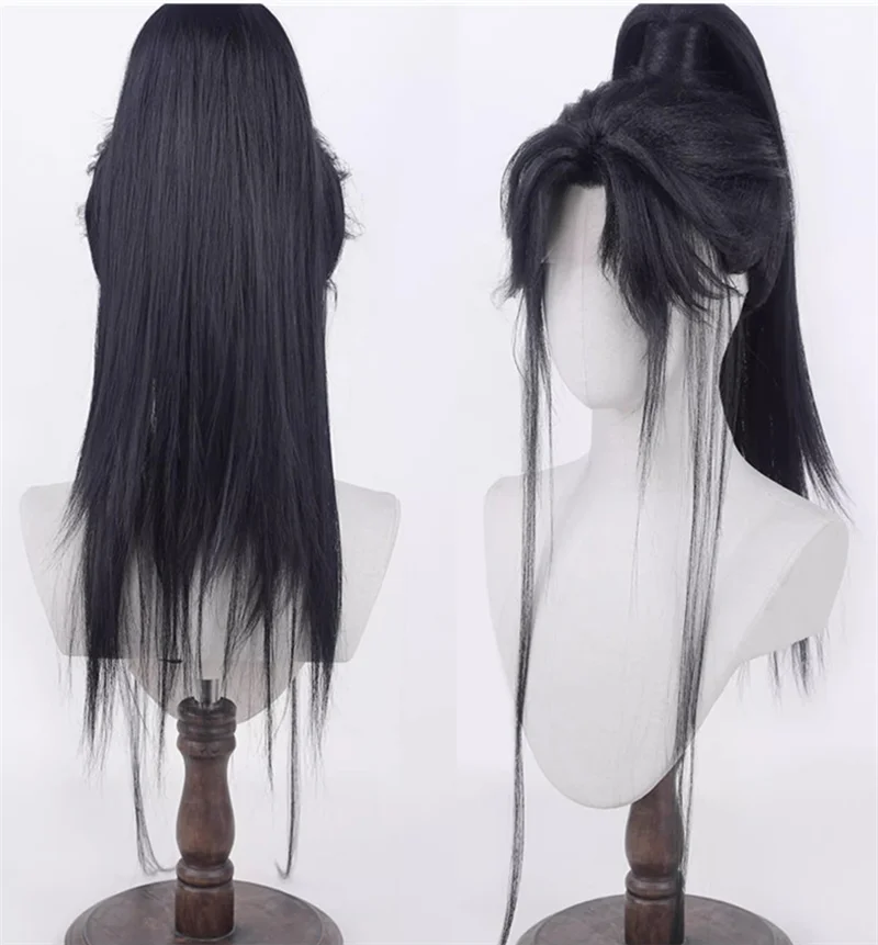 High Ponytail Already Styled Cos Lace Wig Black Long Cosplay Wigs Cos Props Set Heat Resistant Synthetic Hair Wigs + Wig Cap