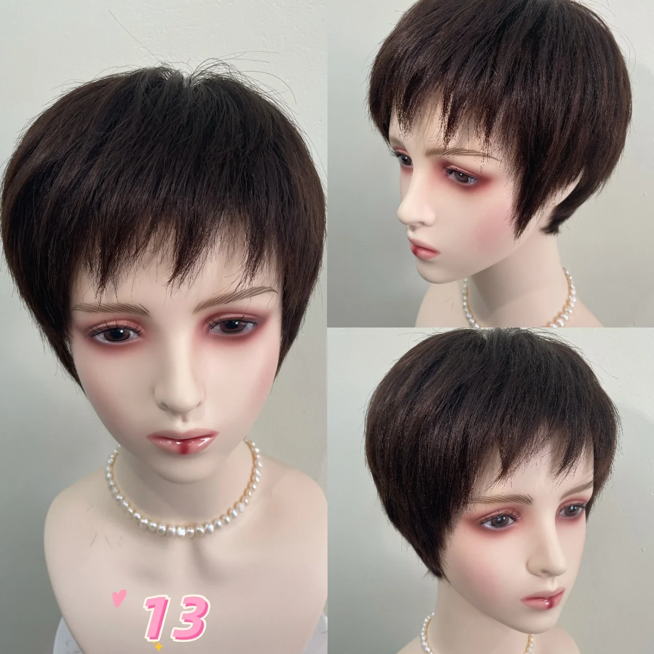 Short Hair Pixies Cut Wig Hand-Tied Full Lace Human Hair Wig Silk Crown Wear to go Wig With Fringe for Thin Hair Women Lady