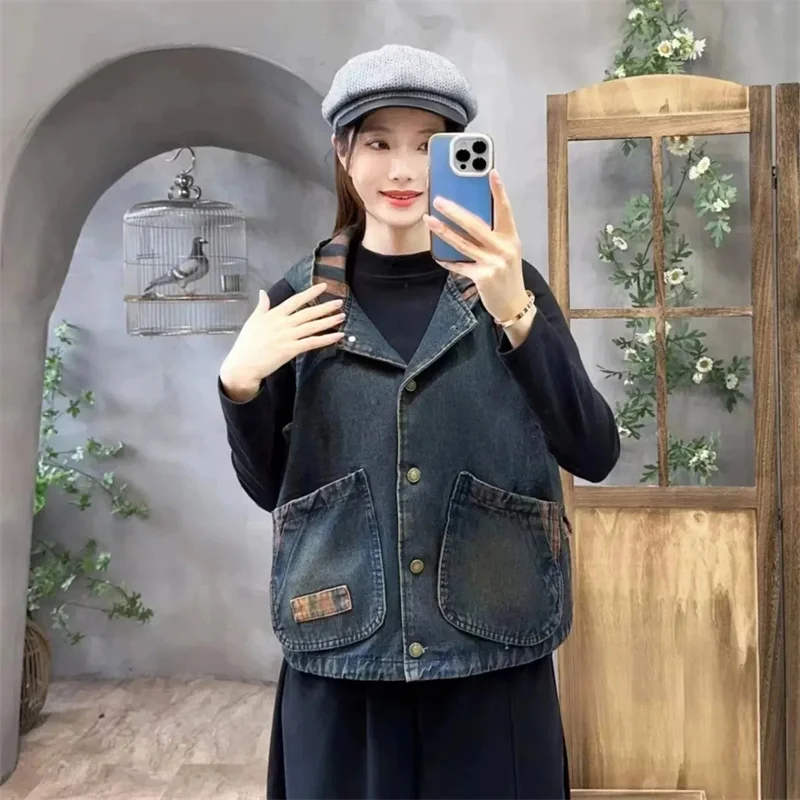 Spring Autumn Lady Printing Denim Sleeveless Jacket Female Cowboy Waistcoat Top Retro Women Fashion Hooded Waistcoat Coat