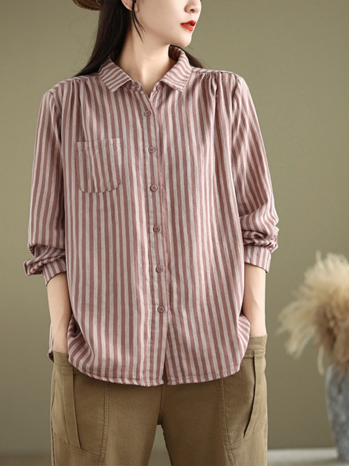 

Retro Striped Color Woven Cotton Shirt Jacket Casual Long Sleeve Turn-down Collar Open Cardigan Leisure Top for plus Size Women