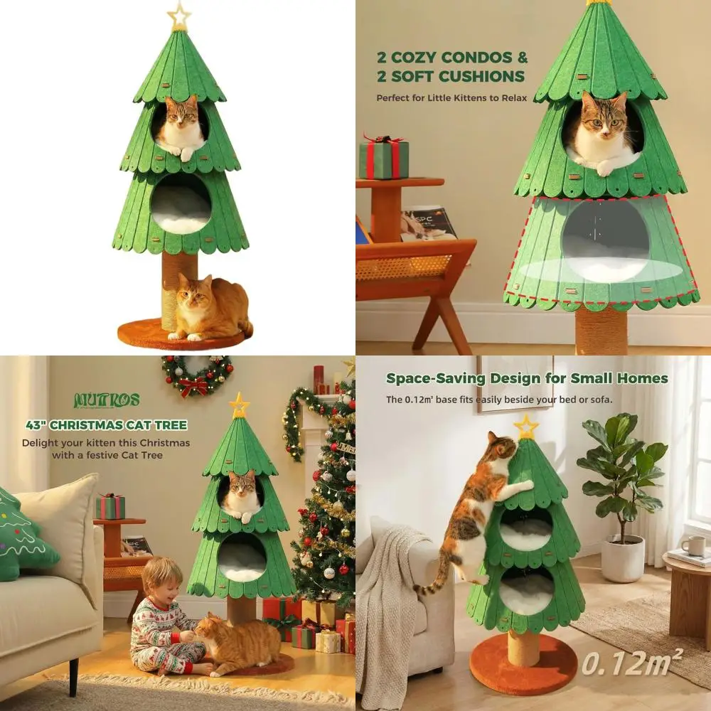 

42.9 Indoor Christmas Cat Tree with 2 Houses, Play and Sleep Furniture for Kittens