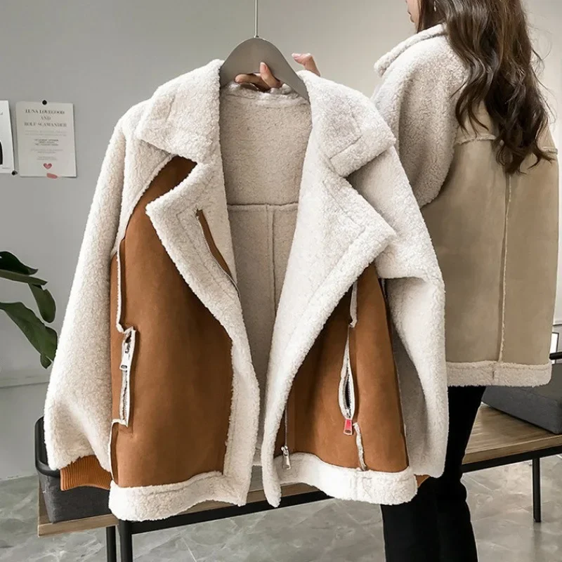 Women's Spring Outerwear Jacket Loose Suede Fur Integrated Short Lamb Velvet Motorcycle Style Thick 