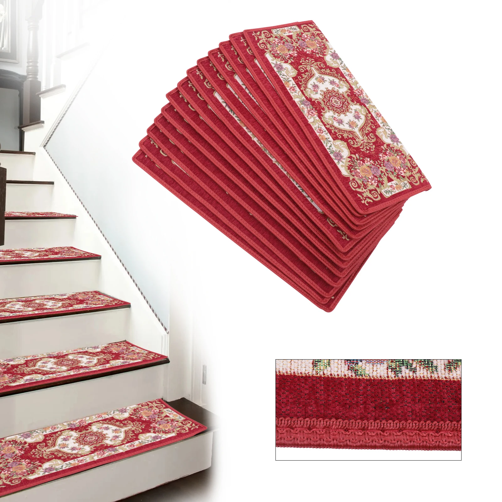 

13 Pieces Non-Slip Washable Stair Treads Carpet Step Mats Polyester Self-Adhesive European Floral Pad Rug Rectangular Durable