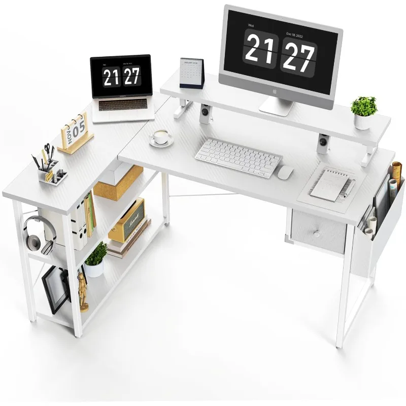 

L Shaped Gaming Desk, 47 Inch Computer Desk with Adjustable Stand & RGB Lights, Corner Desk for Power Outlet, Carbon Fiber