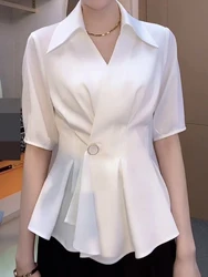 Elegant white fashionable short sleeved shirt, summer new minimalist commuting collar top for women