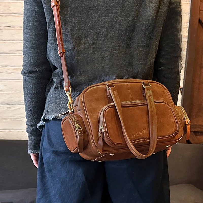 

casual travel genuine leather ladies large-capacity handbags fashion designers handmade cow leather multi-pocket shoulder bags