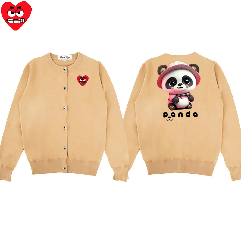 Pink Cute Panda Printing Women Cardigan Cotton Cute Snag Heart Embroidery O-Neck Single Breasted Long Sleeves Autumn Fit Sweater