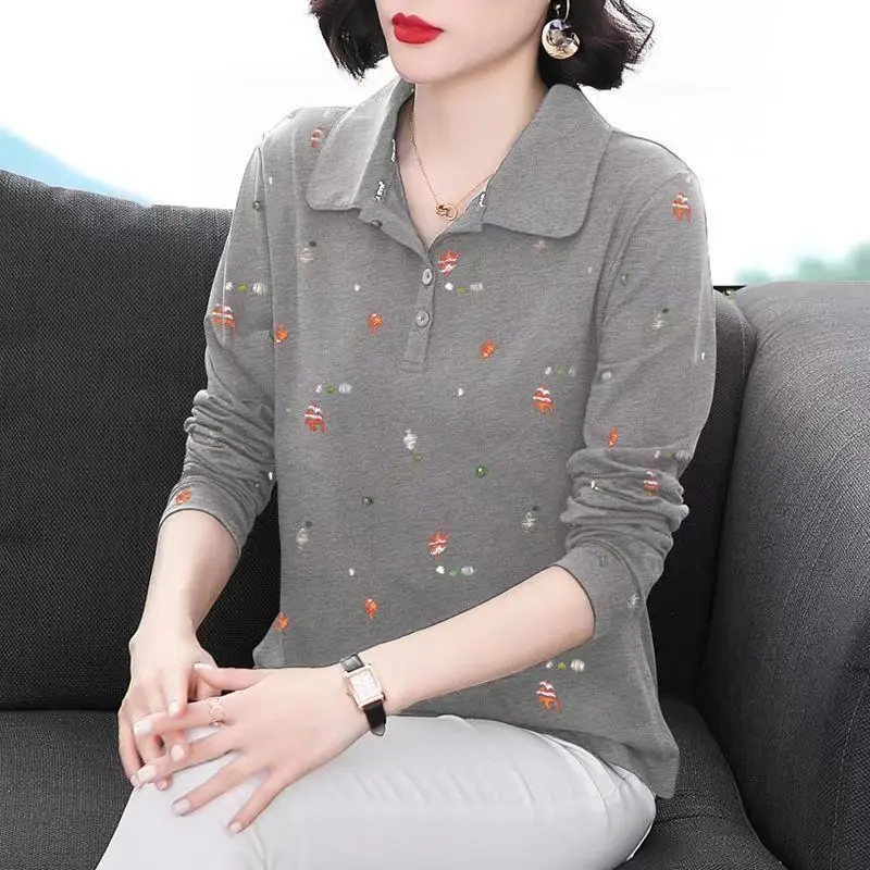 2024 Spring and Autumn Pure Cotton Mom's Outfit New Arrivals Polo-Neck Long Sleeve Button Printed Pullovers All-matchTees Tops