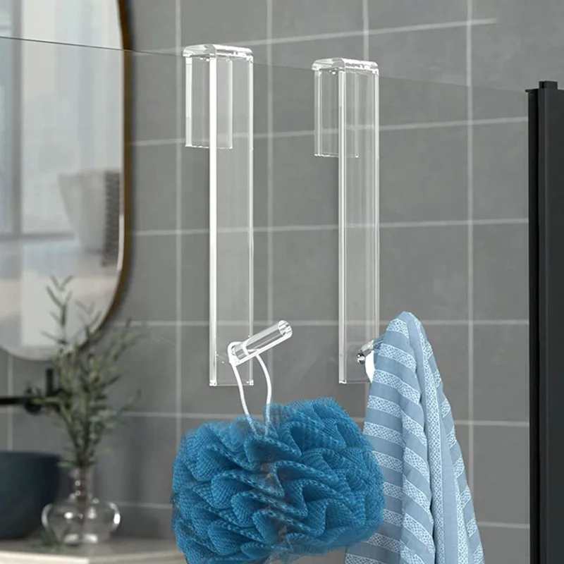 Acrylic Bathroom Door Hooks Transparent Shower Towel Rack Over Glass Door Hanging Clothes Hooks Punch-Free Bathrobe Hanger Shelf