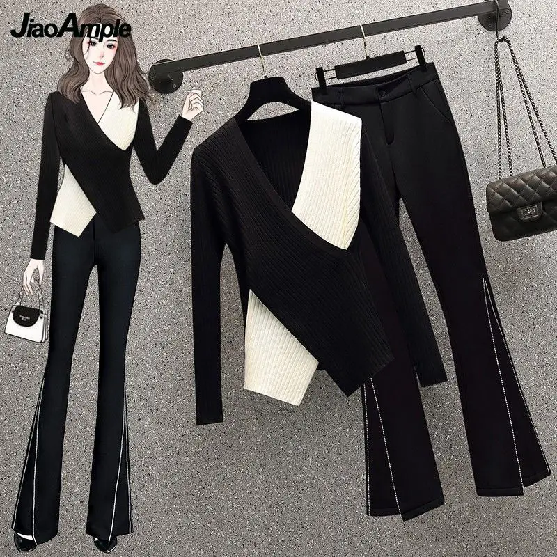 Women's Spring Fall Sweater Tops Long Flare Pants 1 or Two Piece Set Korean Lady Slim Cross Knit V-Neck Pullover Trousers Outfit