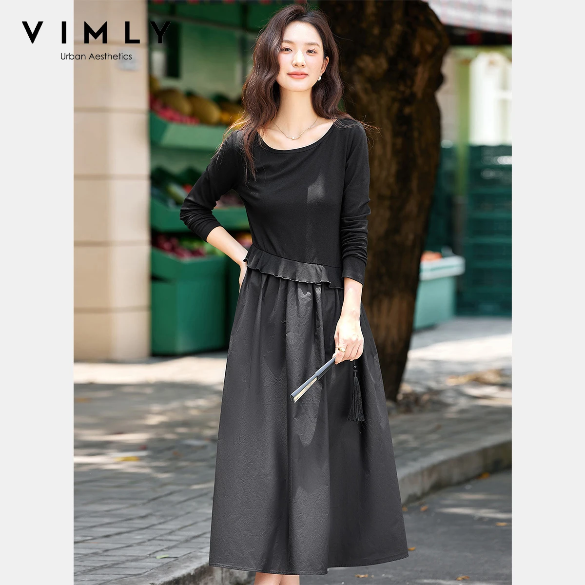 

VIMLY Long Black Dresses Woman 2025 Autumn Casual Spliced Flounced Edge Female Dress Round Neck A-line Slim Ladies Dresses A2583