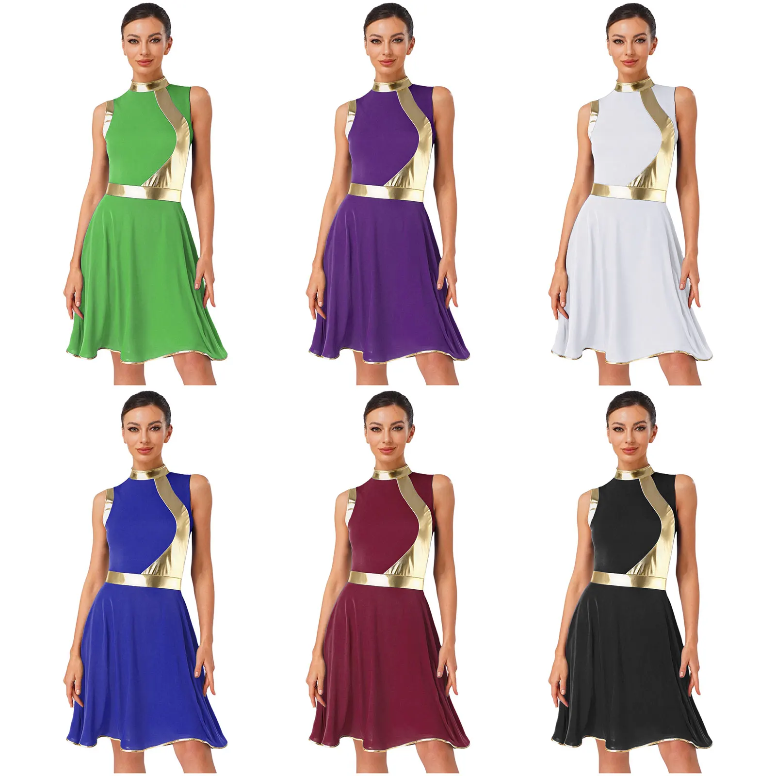 Damska Sukienka do Tańca Lirycznego, Tańca Pochwałowego, Nowoczesnego, Metaliczna Sukienka Tunika Bez Rękawów z Naszywkami, Kostium do Tańca Liturgicznego i Wyznawczego