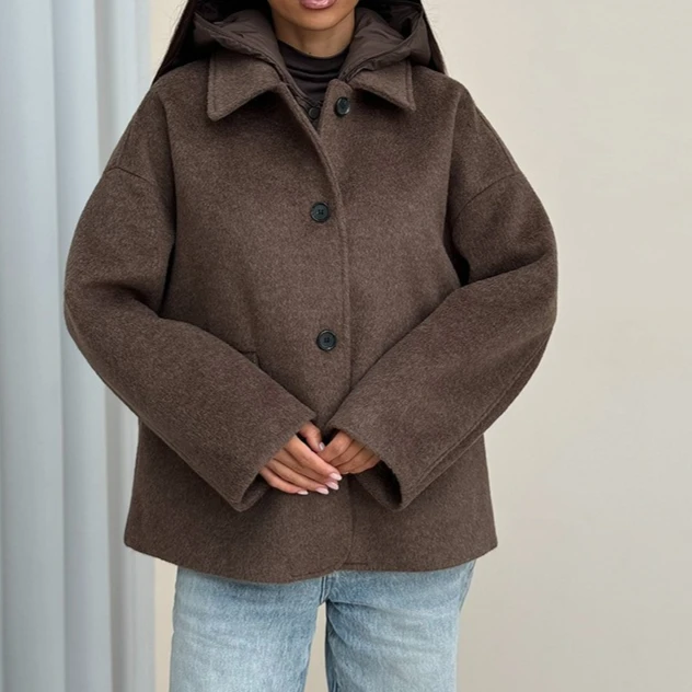 

Женское твидовое пальто 2025 года с зубчатыми лацканами, оверсайз, осенне-зимнее повседневное пальто, минималистичная верхняя одежда