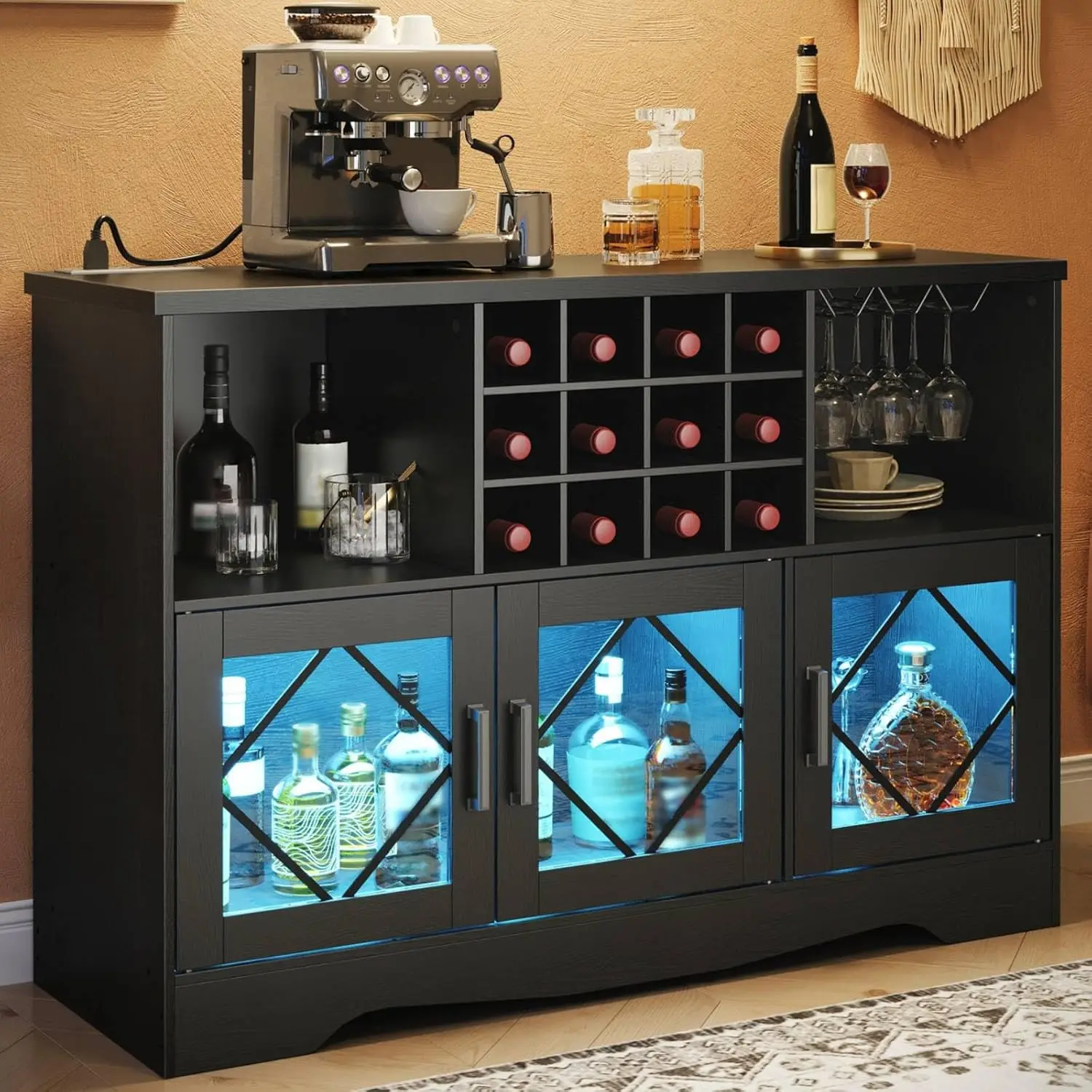 

Черный барный шкаф с розеткой, винной полкой, держателем для бокалов и LED-подсветкой для кухни, гостиной, столовой, на заказ