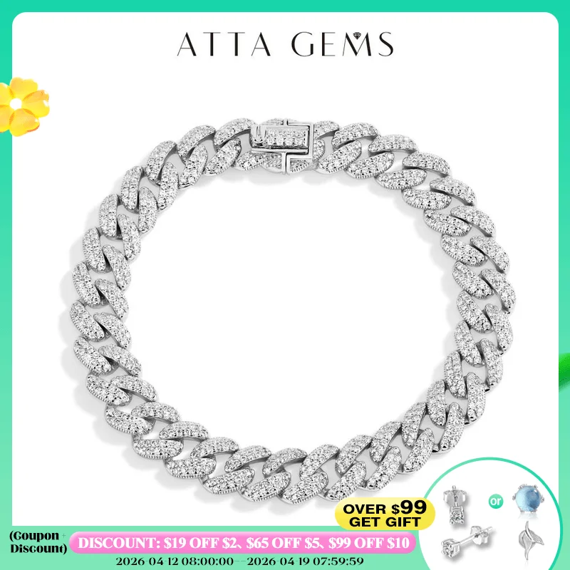 

ATTAGEMS DVVS1 Полная муассанитовая куба-цепочка для мужчин и женщин, стерлинговое серебро 925 пробы, позолоченный 18 карат, теннисный браслет в стиле хип-хоп, ювелирные украшения