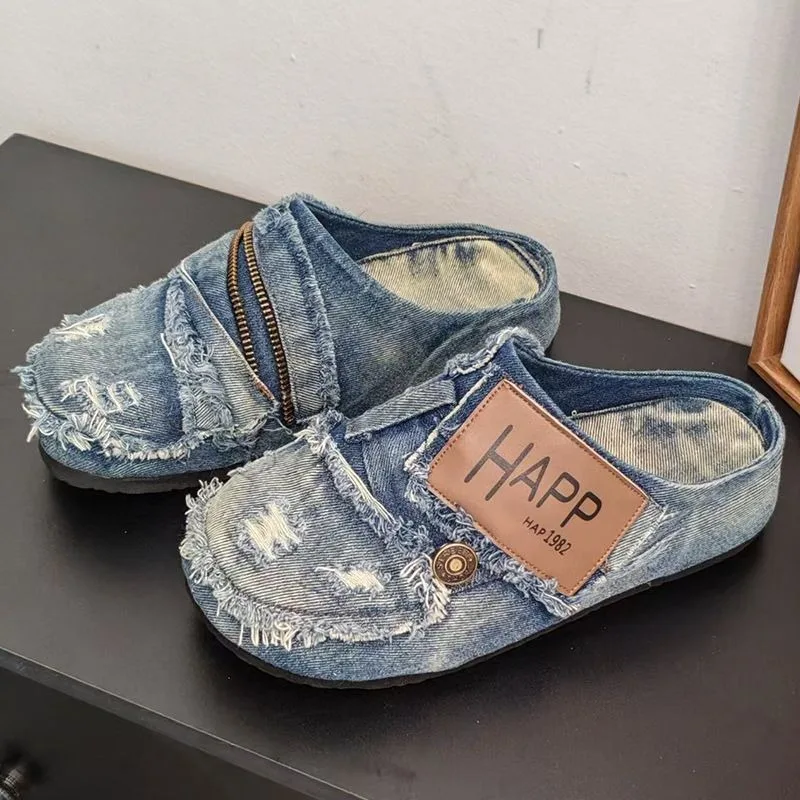 Light Blue Denim Mules with Frayed Edges, Distressed Holes + Metal Zipper Design, Easy Slip-On Style, Retro Trendy and Versatile