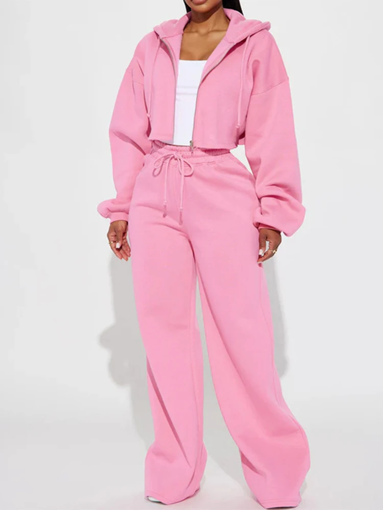 JENYAGE Oversized Zweiteiler-Set für Damen, weicher, einfarbiger, bequemer Crop-Hoodie mit Reißverschluss und Kordelzug, weite Jogginghose, Streetwear-Trainingsanzug – Detail 13