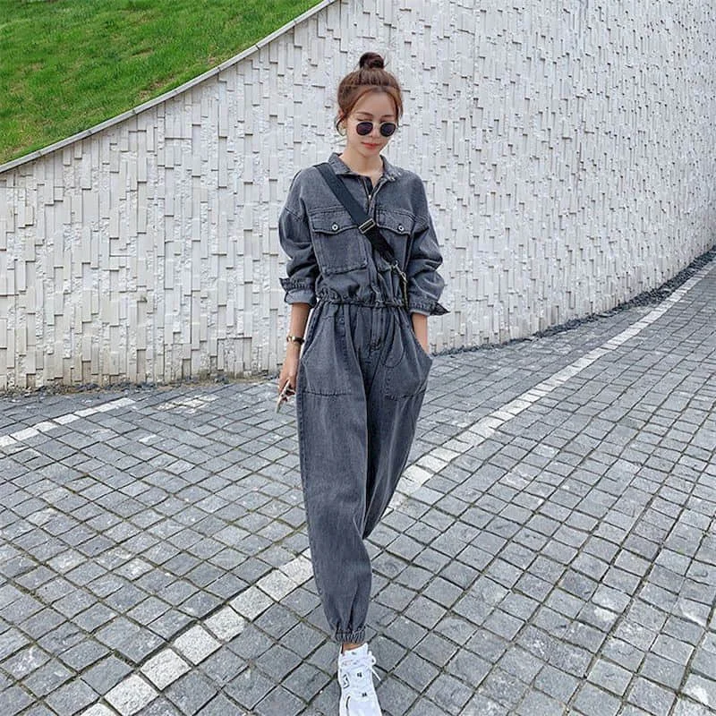 Denim Jumpsuits for Women Long Sleeved Korean Style Harajuku Overalls One Piece Outfit Women Rompers Casual Vintage Playsuits