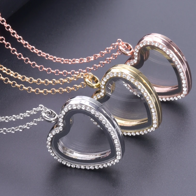 10Pcs/Lot Mix Color Heart Floating Memory Locket Chain Necklaces For Women Trendy Love Living Photo Collier Wedding Gift Jewelry