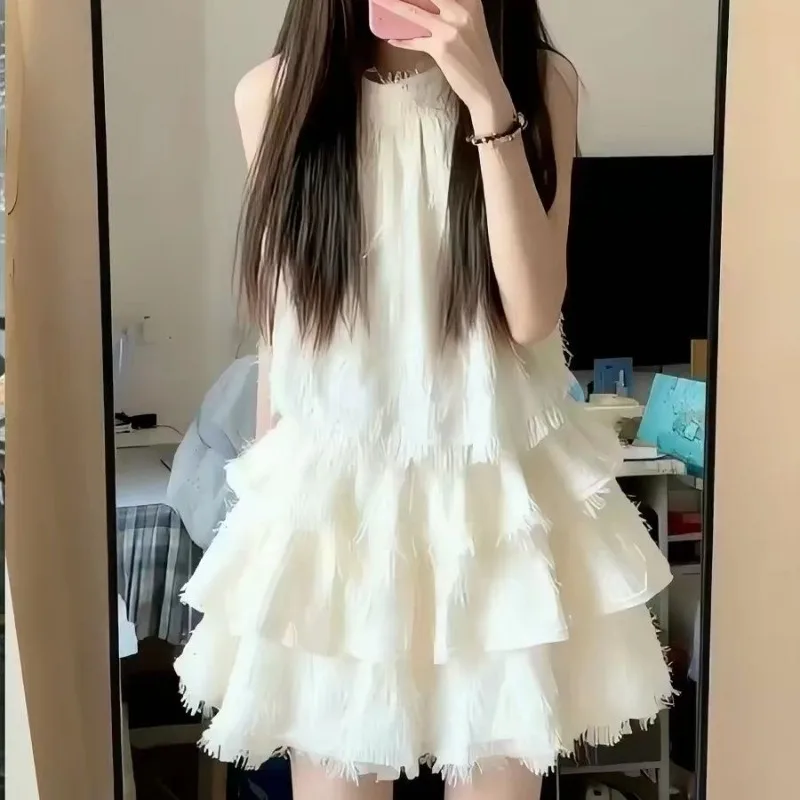Summer New Commute Style Rice Apricot Sleeveless Cake Dresses Sweet Japanese Playful Dress for Women Concise Chic Womans Clothes