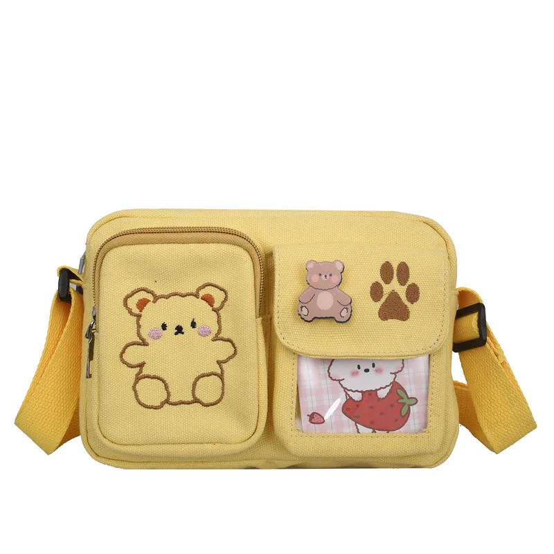 Canvas small bag Japanese ins antique sense cute cute quirky personality embroidery bear student transparent crossbody bag