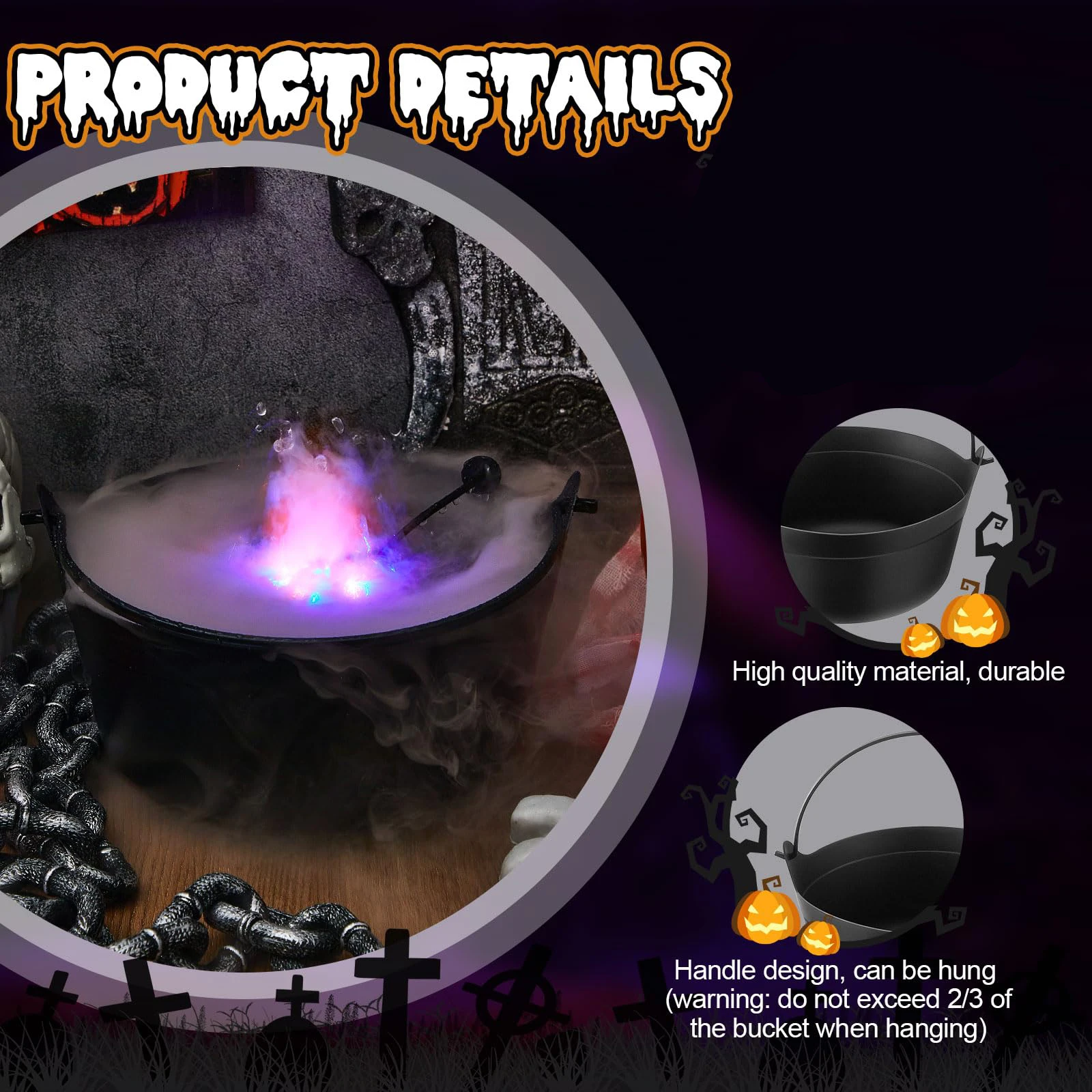 2 Piece Halloween Black Witch Melting Pot Bucket without Sprayer Plastic Trick or Treat Candy Bucket