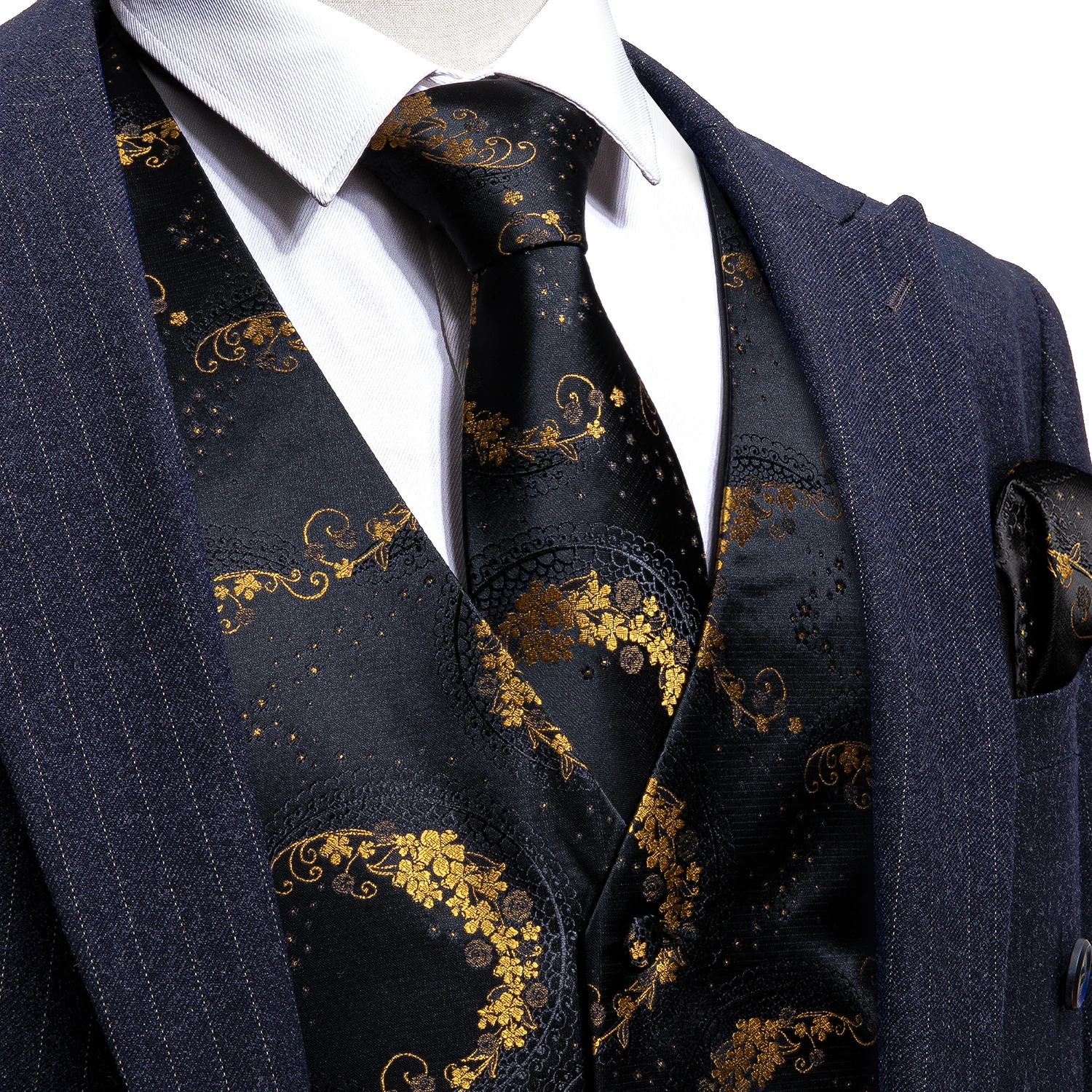 Black 5PCS Designer Mens Wedding Suit Vest Gold Floral Jacquard Folral Silk Waistcoat Tie Brooches Vest Set Barry.Wang Groom