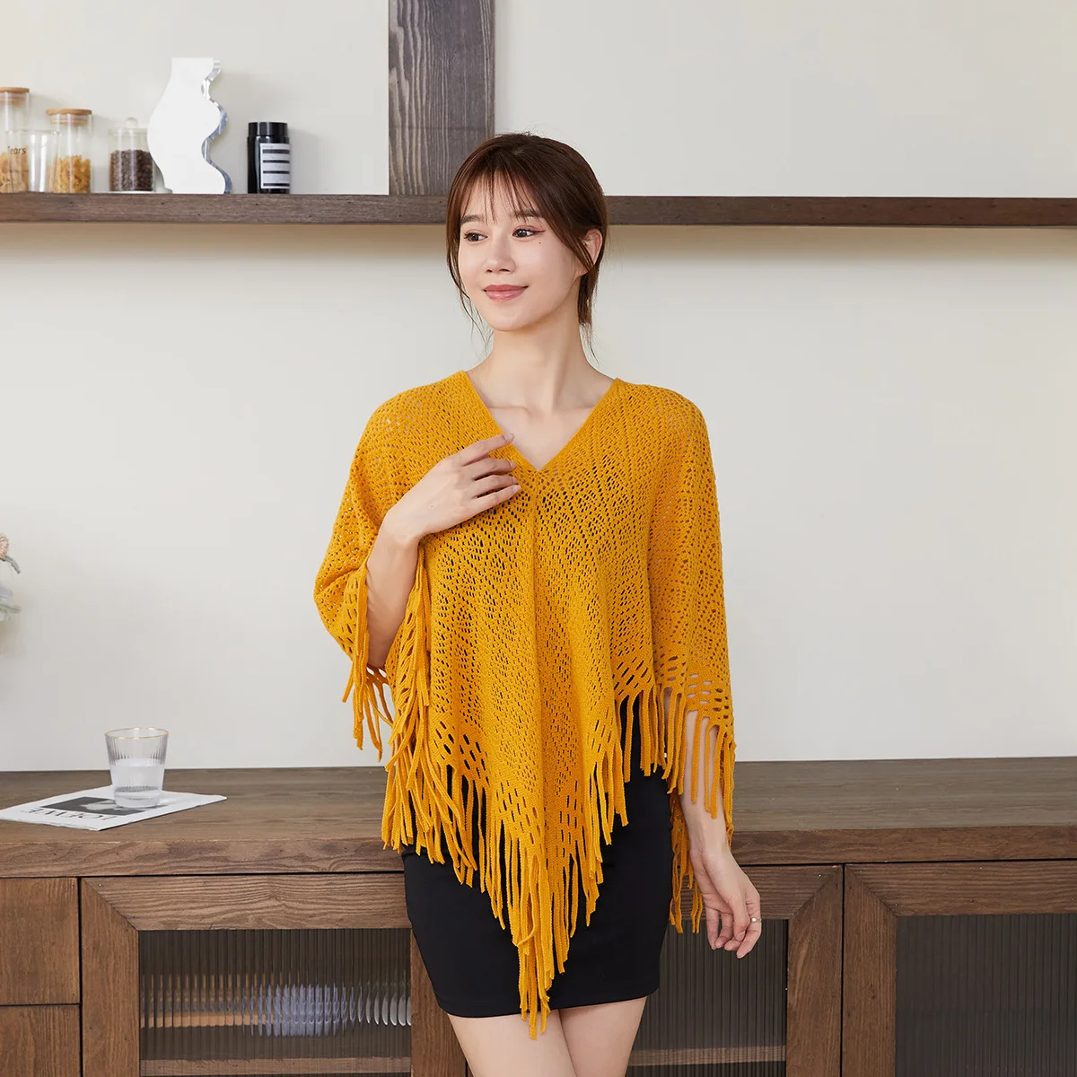 Womens Knit Cape Hollowed-out Fringe Shawl Spring/Summer