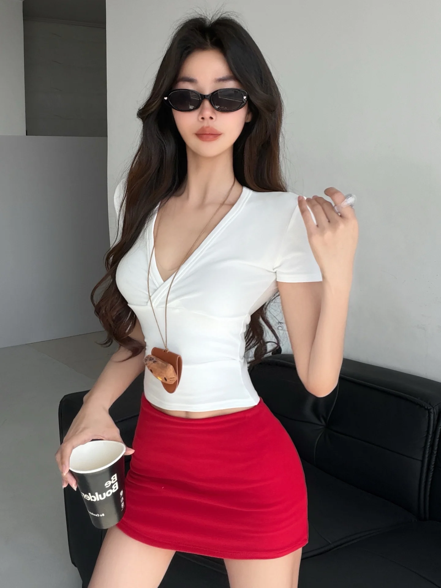 

Sexy Red Skirt Women's Low Waist Bodycon Skirt Cotton Spandex Knitted Slimming A-Line Short Skirt for Summer