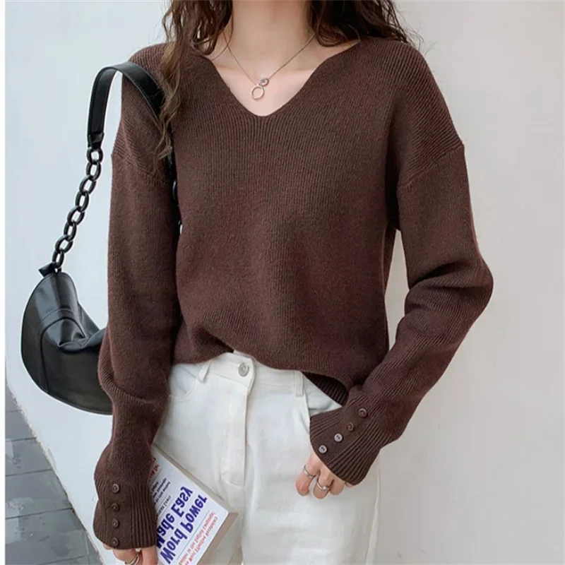 Sweater wanita musim gugur, atasan pullover Dalaman, Jumper kasual dasar Korea Solid, Sweater rajut lengan panjang, leher V, musim gugur, baru, 2024