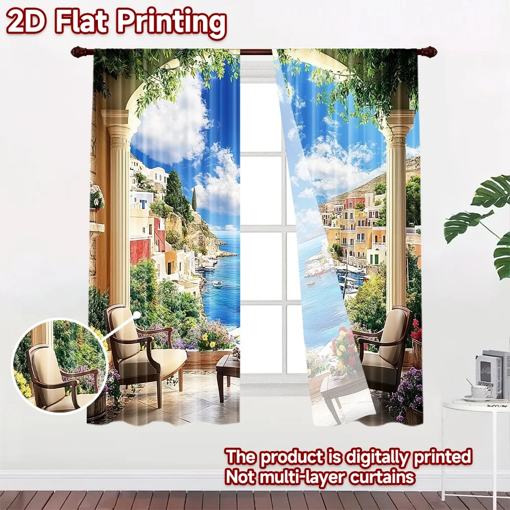 2D flat 2pcs Curtain French Romantic Style Mediterranean Harbor View Digitally printed polyester, colorfast Festive Curtains for
