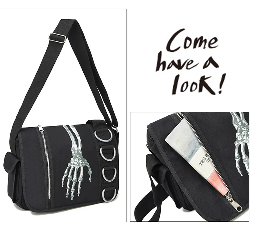 Large Gothic Skeleton Hand Walking Dead Canvas Shoulder Handbag Cross Messenger Travel School Work Bag