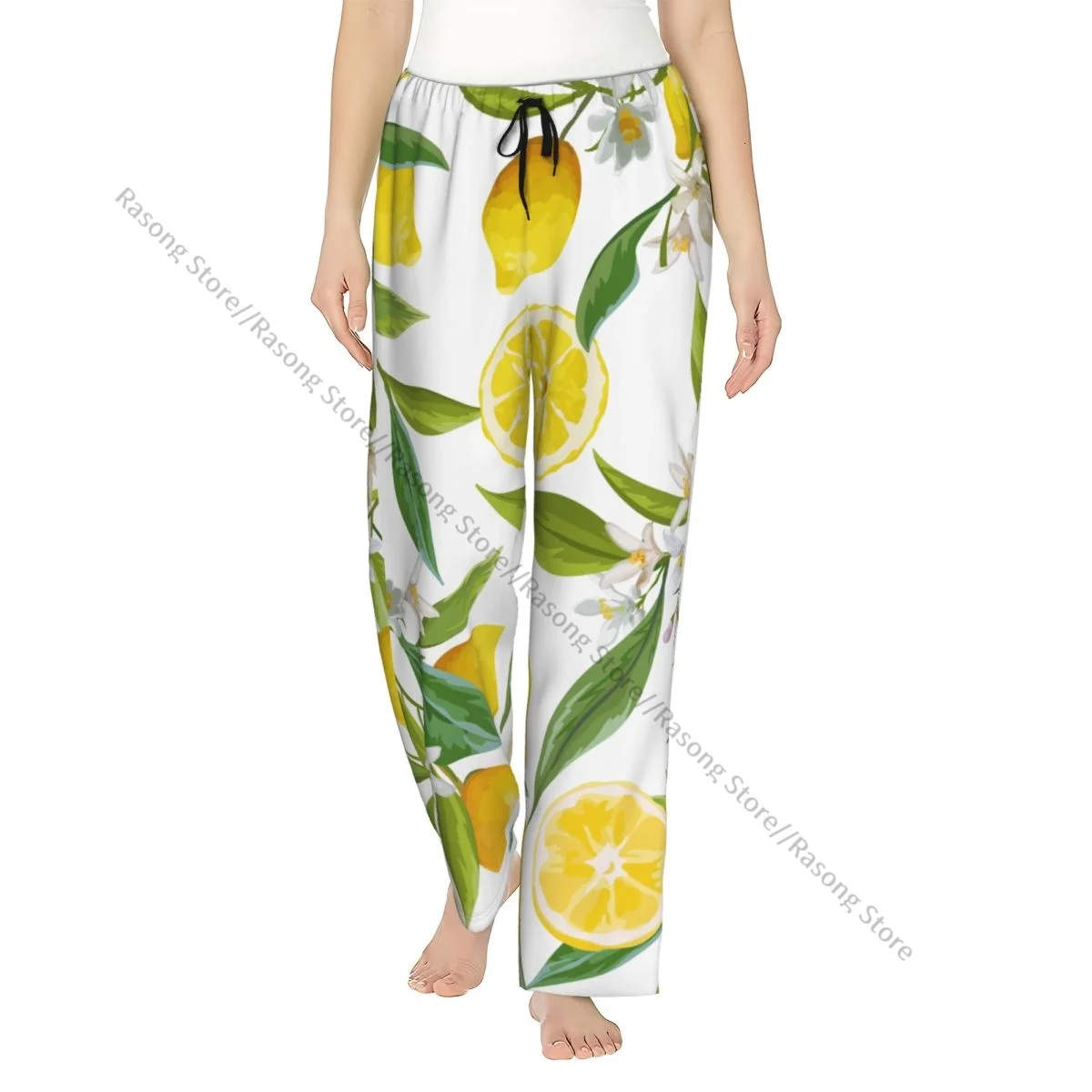 

Fruits Lemon Floral Pattern Women Sleep Pants Warm Flannel Lounge Pants for Winter Nights