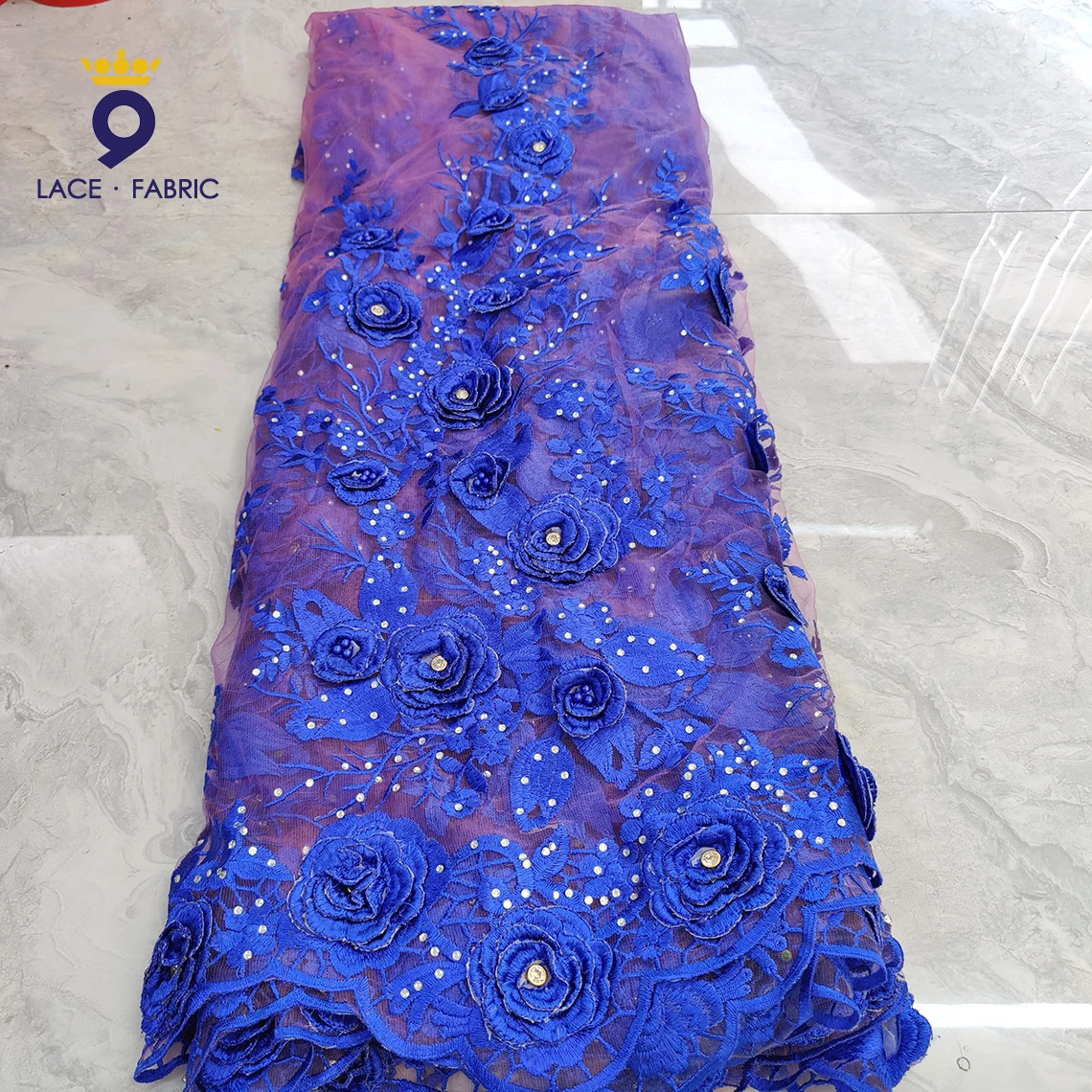 

Swiss Voile Lace In Switzerland Clearing Nigerian 3D Flower Applique Stones Royal Blue Net Lace Fabric For Evening Party Sewing