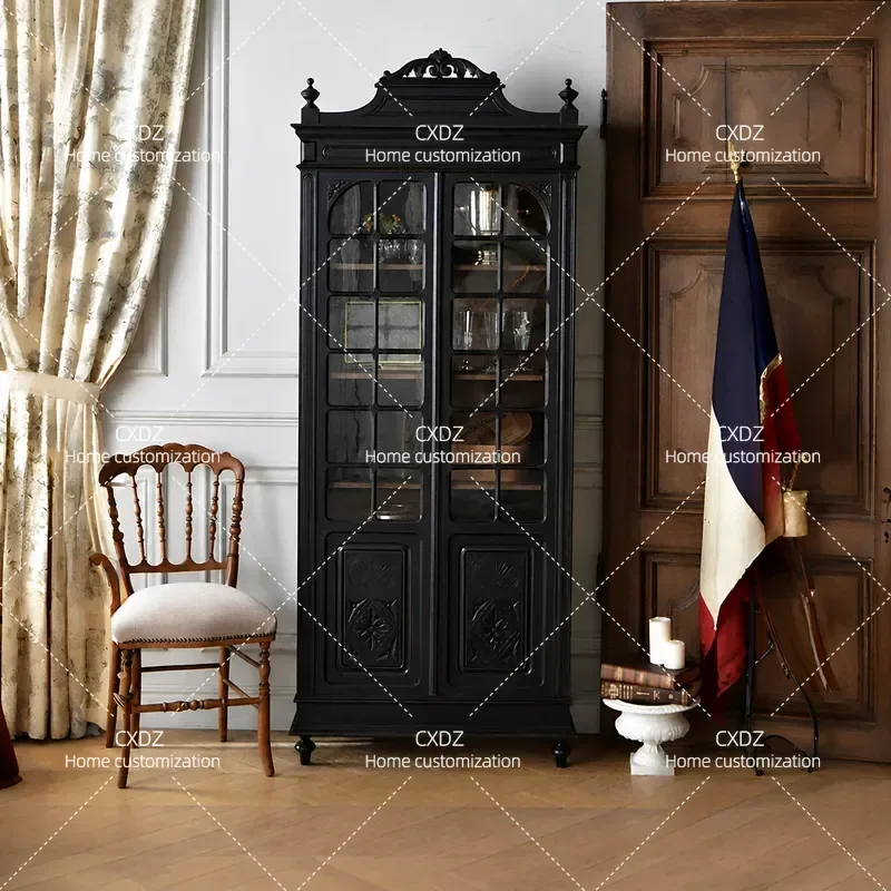 Retro Solid Wood Bookcase Living Room Dining Side Cabinet Country Arched Display Wine Cabinet Carved Storage Locker