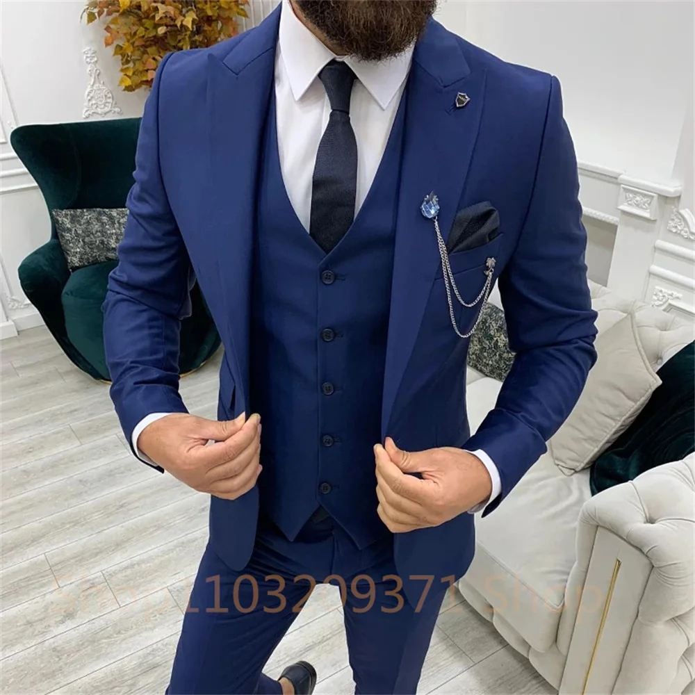 3 piece Peaked Lapel Men Suits for Wedding Groom Tuxedos 2024 Casual Custom Man Suit Set Jacket Vest with Pants Man Fahion