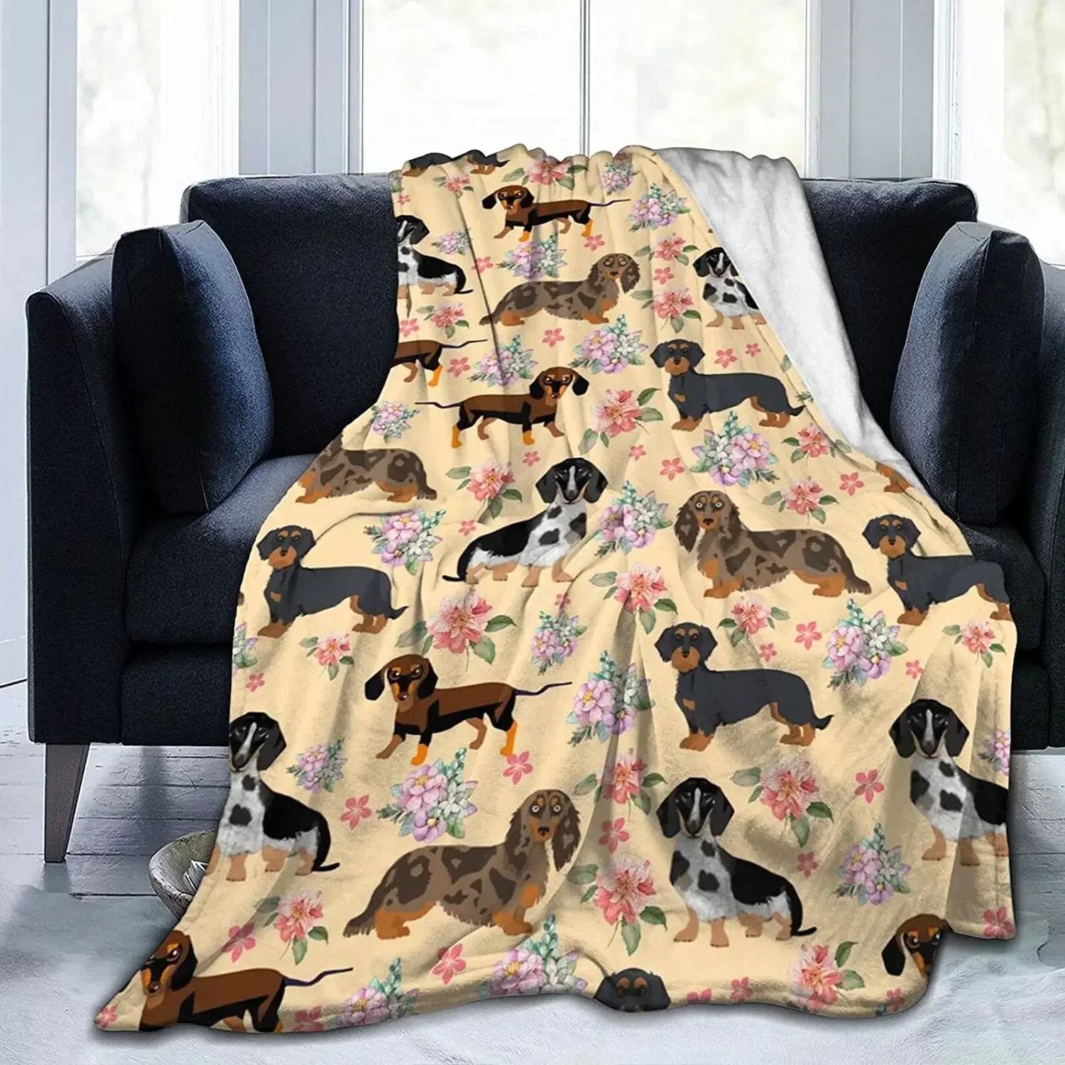 Dachshund Sausage Dogs Pink Flowers Throw Blanket Flannel Plush Soft Warm Bed Sofa Blankets for Super Bedspread Bedding Gifts