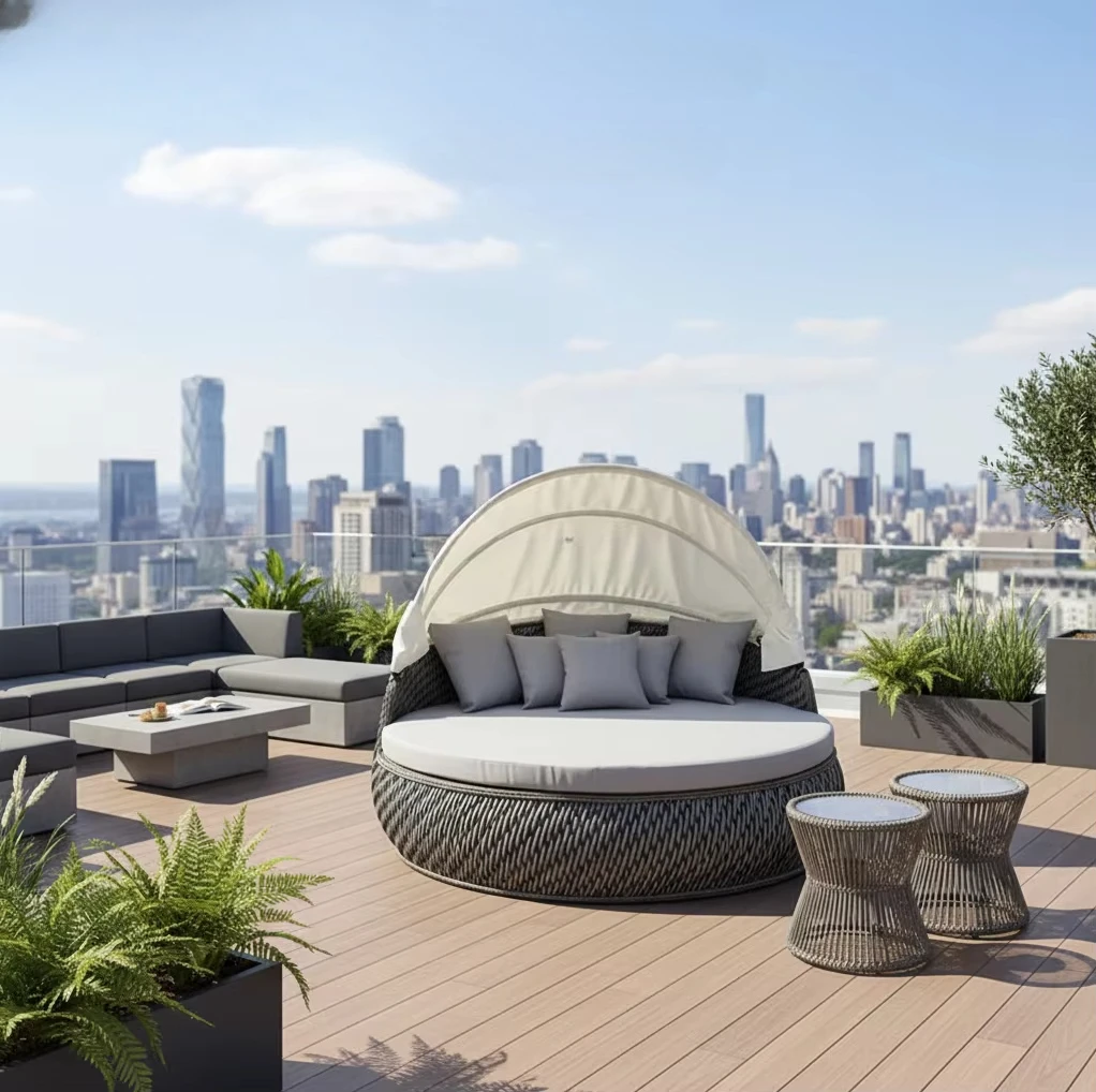 Rattan Daybed,UV Foldable Canopy,Wicker Lounge Bed,Round Aluminum Frame,Outdoor Sun Bed,Hotel Patio Garden Furniture